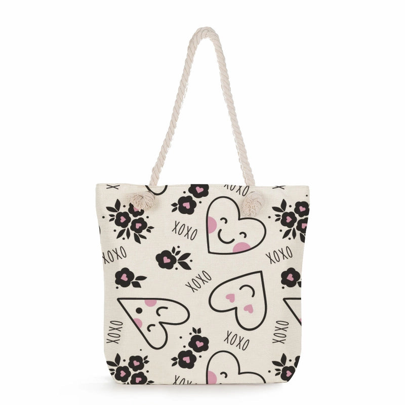 Women's Cotton And Linen Heart Shape Classic Style Square Zipper Tote Bag