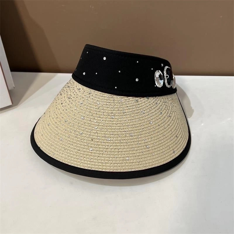 Women's Basic Solid Color Rhinestone Wide Eaves Sun Hat