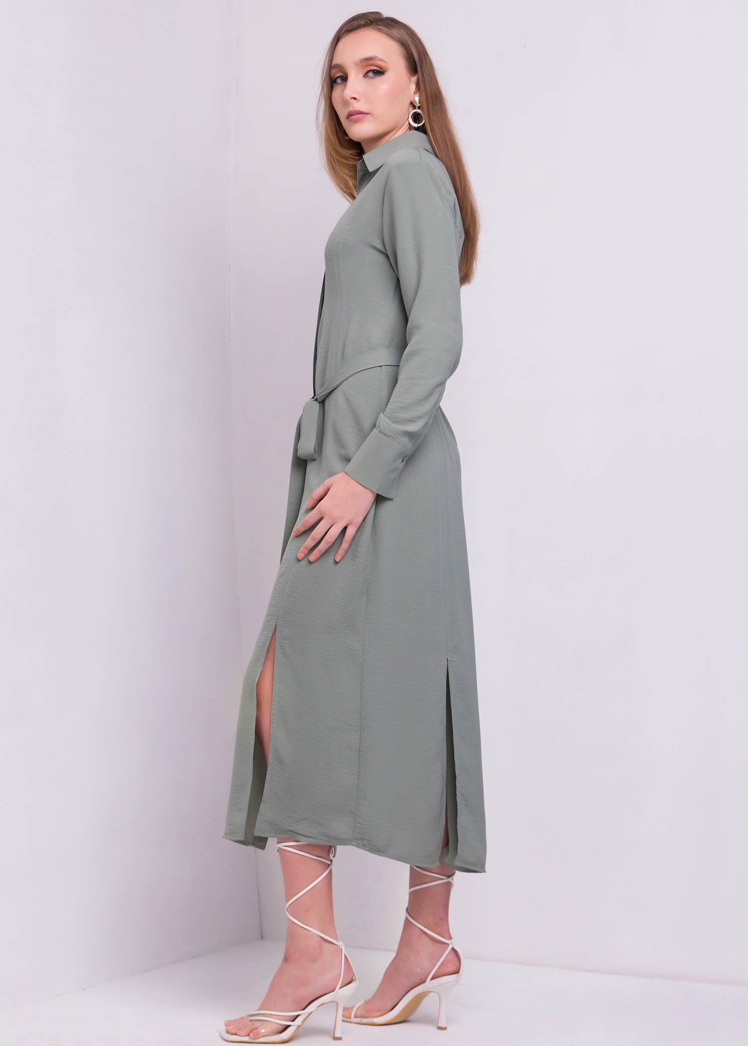 Midi Dress With Slits And Belt