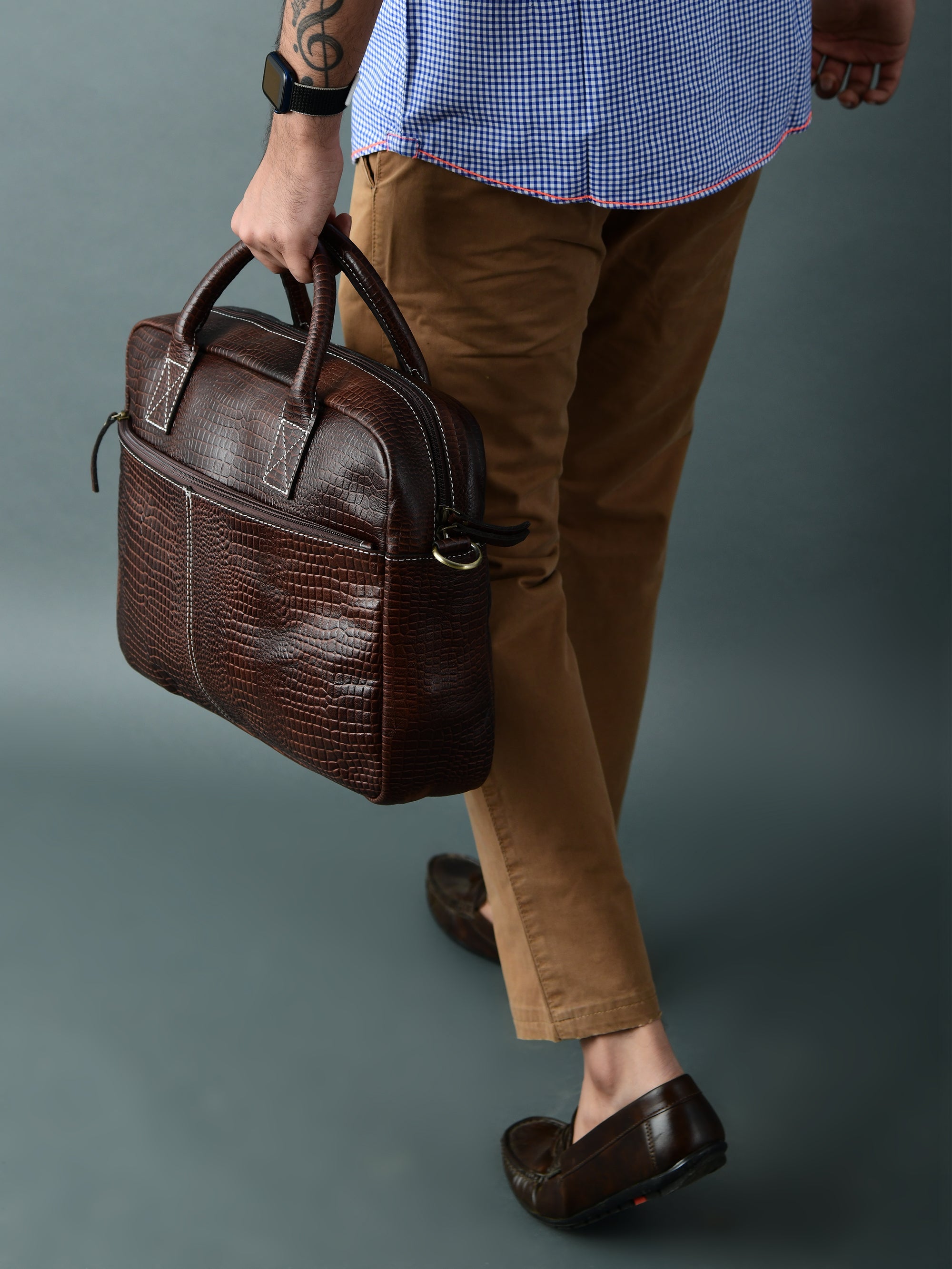 Laurent Slim Leather Briefcase- Dark Brown