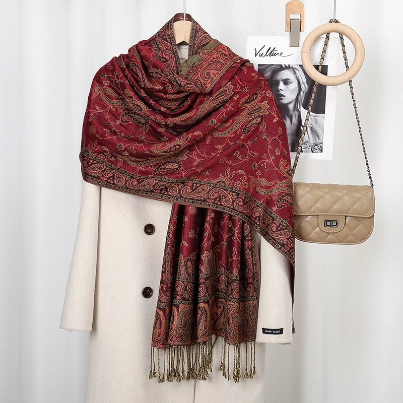 Women's Pastoral Cashew Nuts Flower Polyester Tassel Scarf