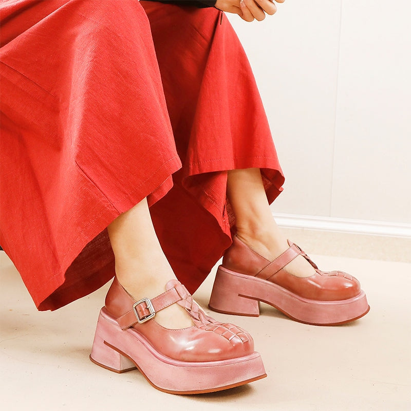 Woven T-Strap 52mm Washed Cowhide Platform Mary Jane Shoes in Black/Pink Purple
