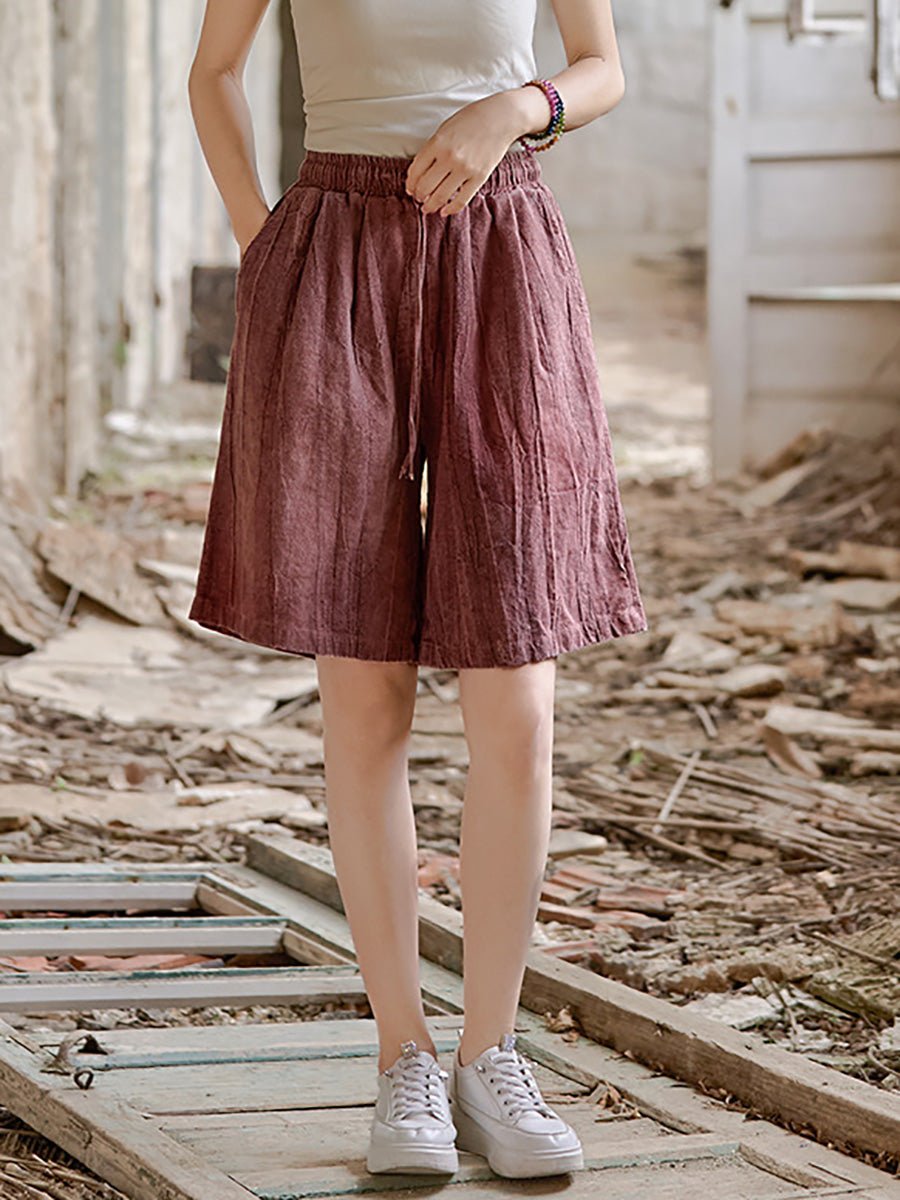 Women Summer Retro Pure Color Ramie Fifth Pants