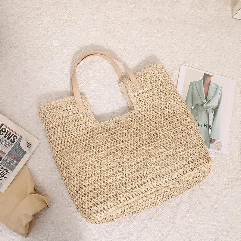 Women's Large Paper Solid Color Elegant Streetwear Weave Square Magnetic Buckle Straw Bag