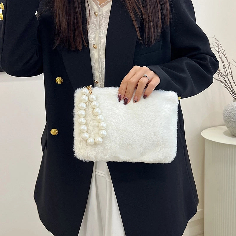 Black Brown White Plush Solid Color Beading Pearls Square Clutches