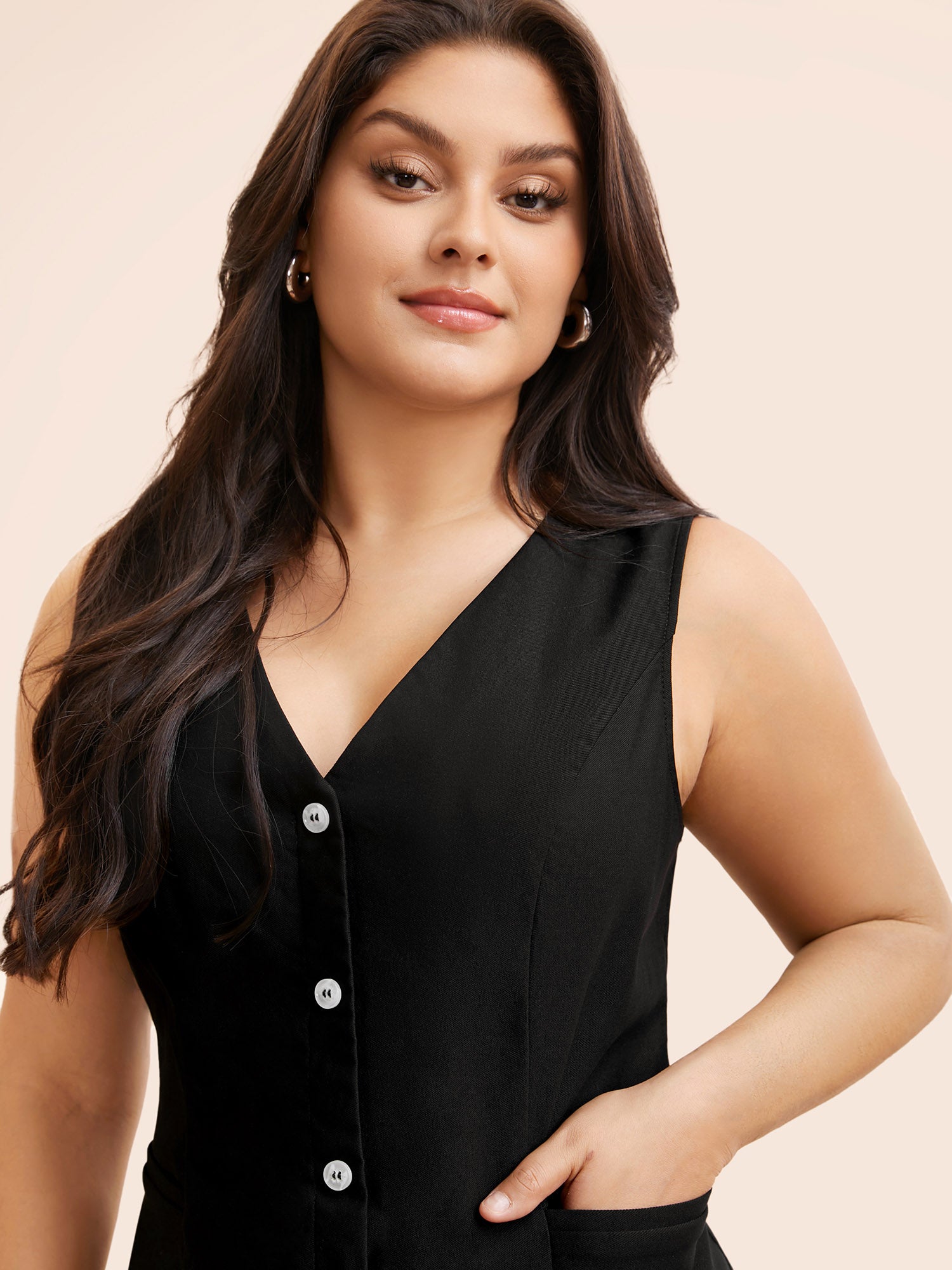 V Neck Button Detail Sleeveless Dress