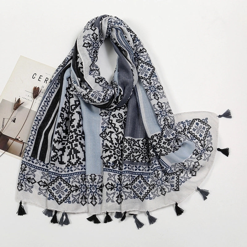 Women'S Sweet Flower Cotton And Linen Tassel Scarf