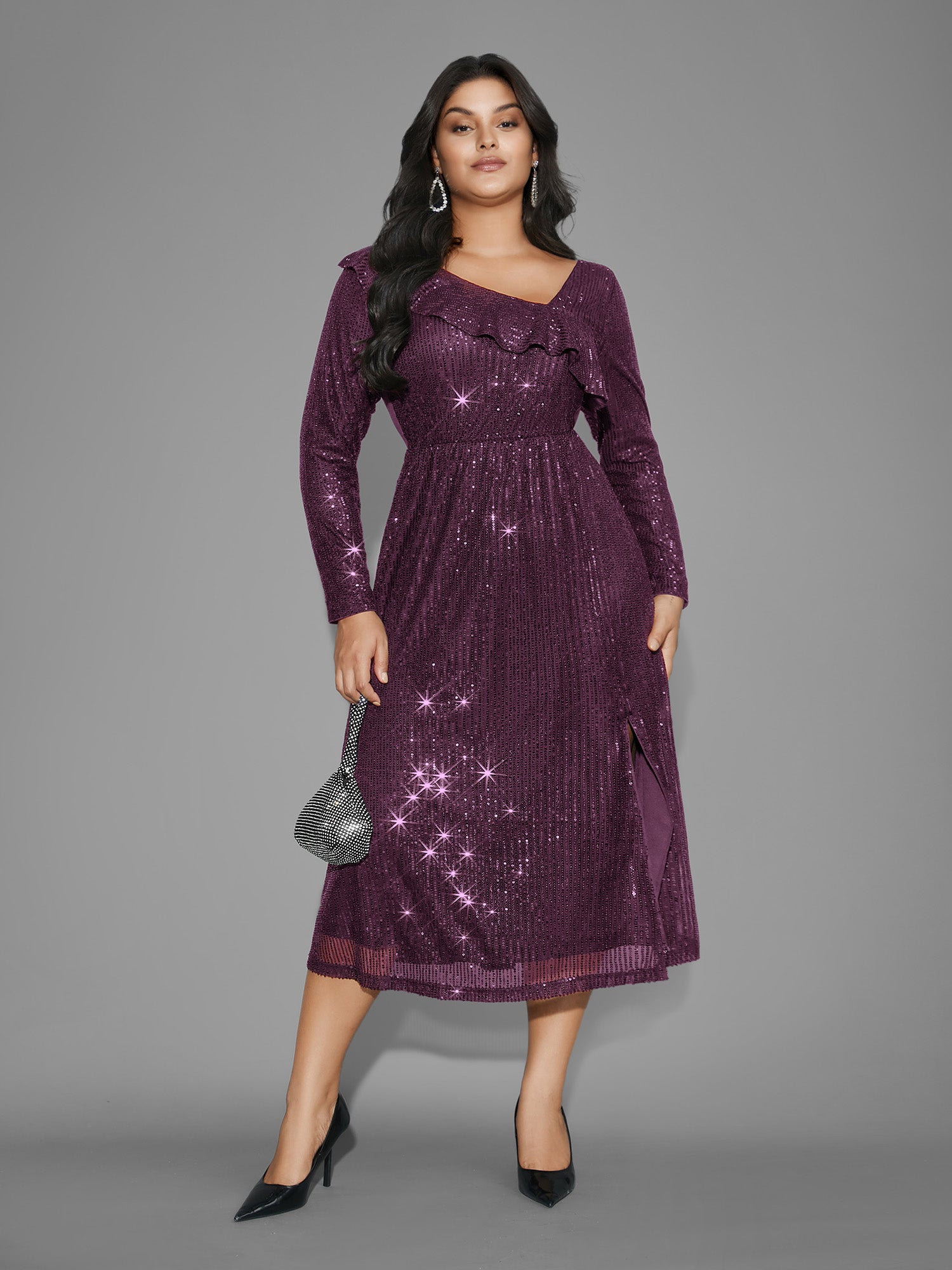 Sequin Mesh Asymmetrical Neck Midi Dress