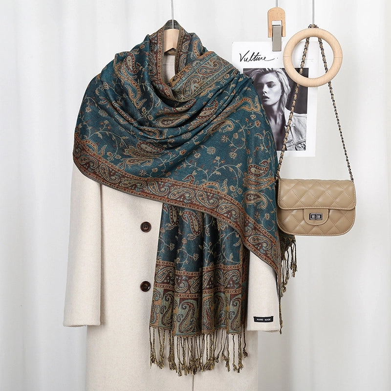 Women's Pastoral Cashew Nuts Flower Polyester Tassel Scarf
