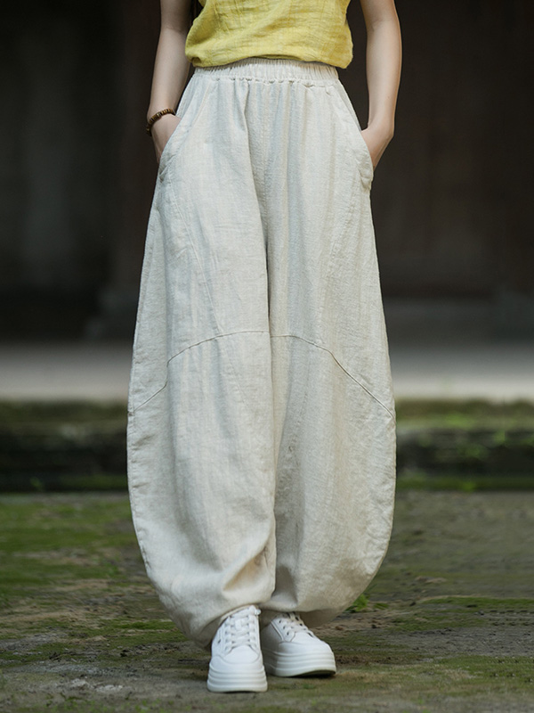 Loose Elasticity Pockets Solid Color Split-Joint Cropped Trousers Pants