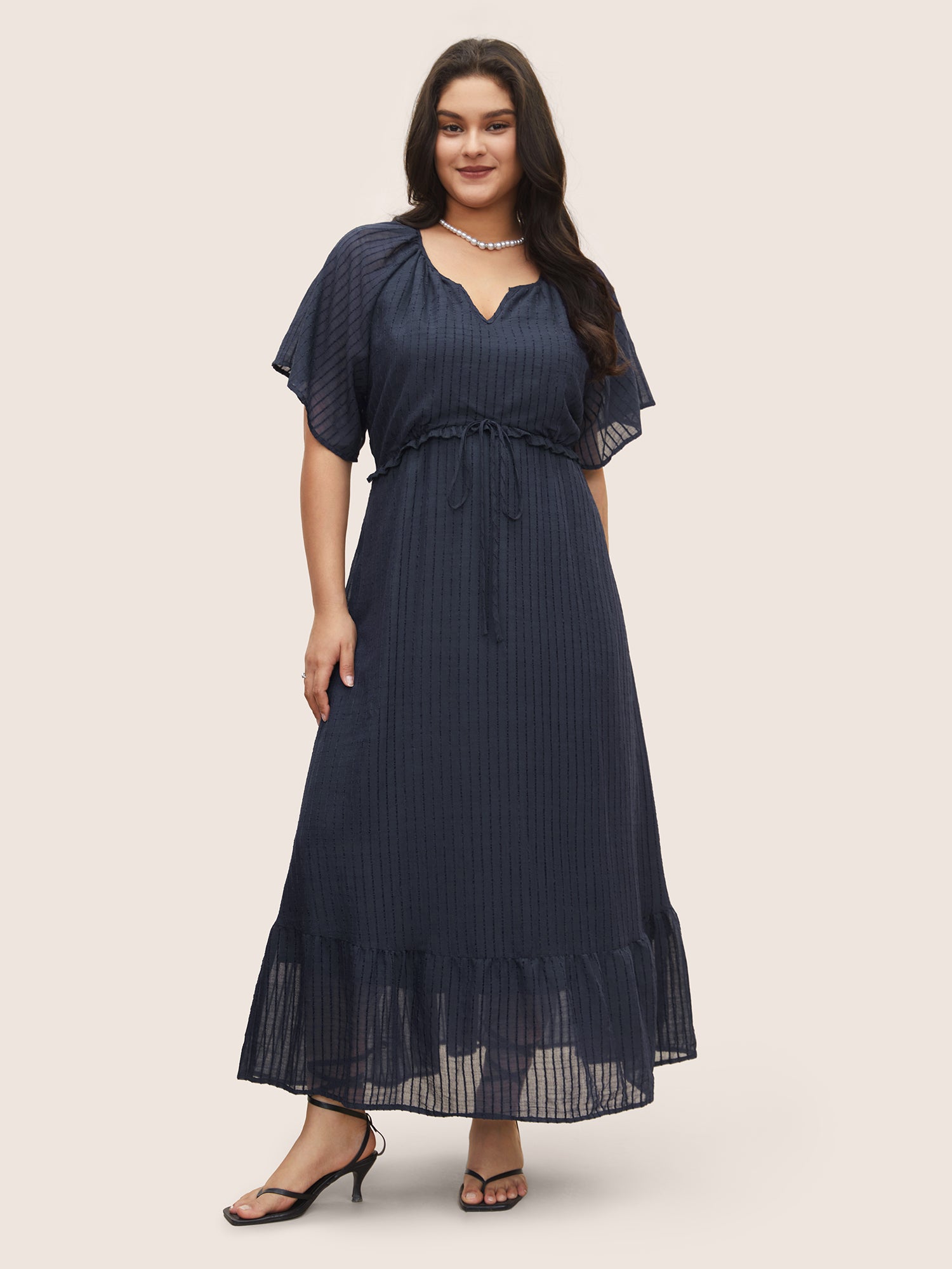 Solid Striped Notched Ties Up Pocket Flutter Maxi Dress