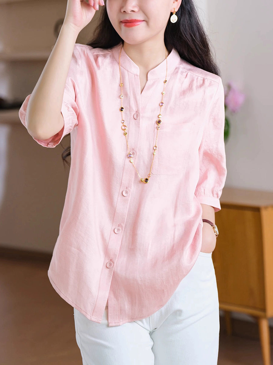 Women Summer Casual Pure Color Pocket V-Neck Shirt
