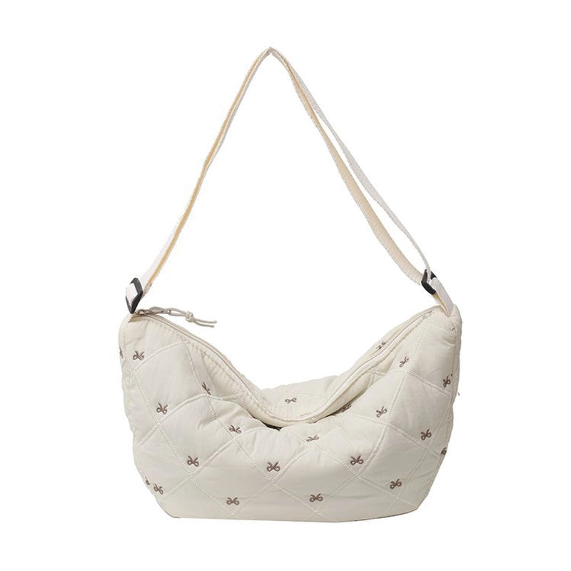 Women's Canvas Lingge Bow Knot Classic Style Dumpling Shape Zipper Shoulder Bag Crossbody Bag