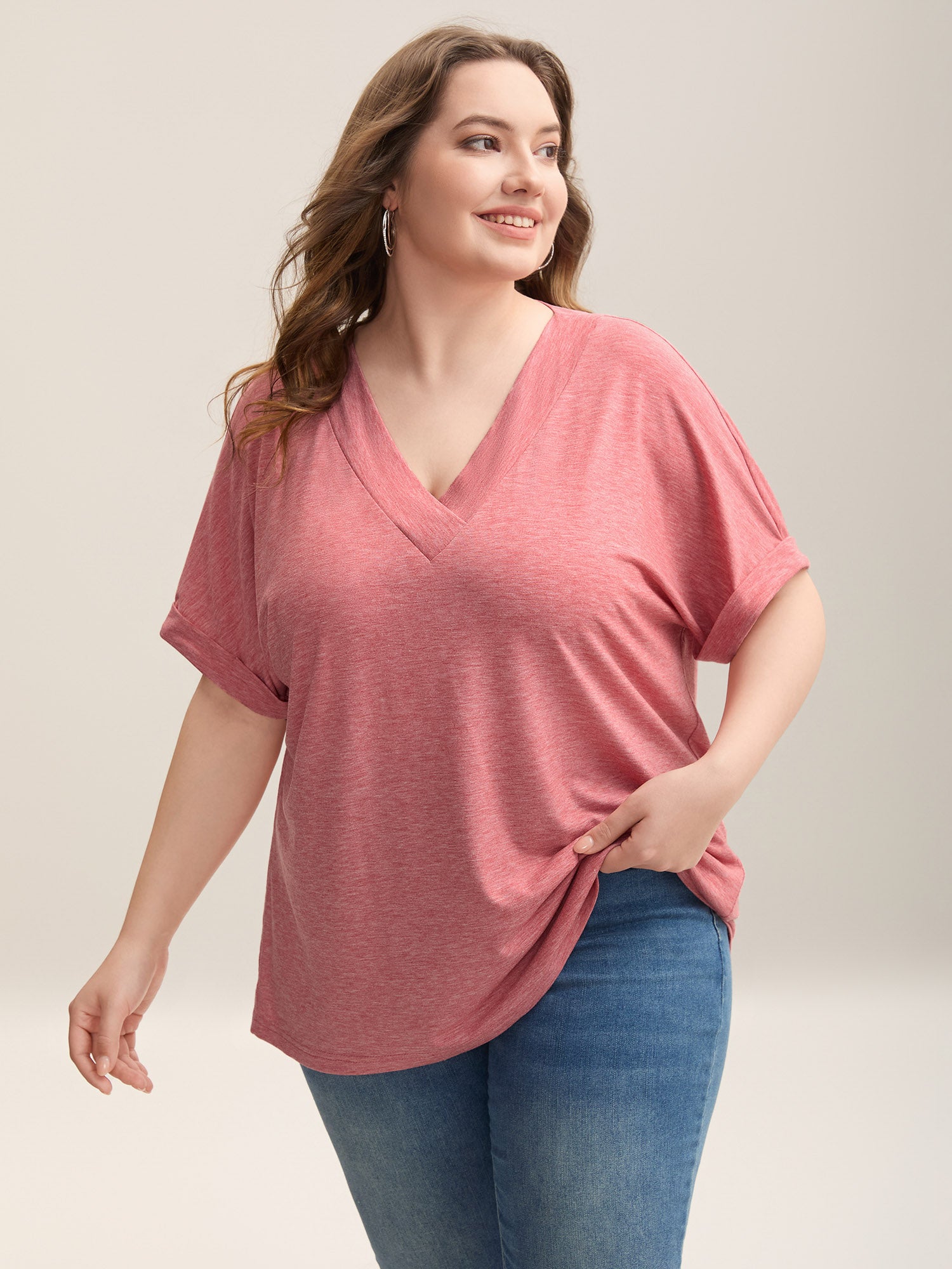 Stretchy Heathered V-Neck Solid T-Shirt