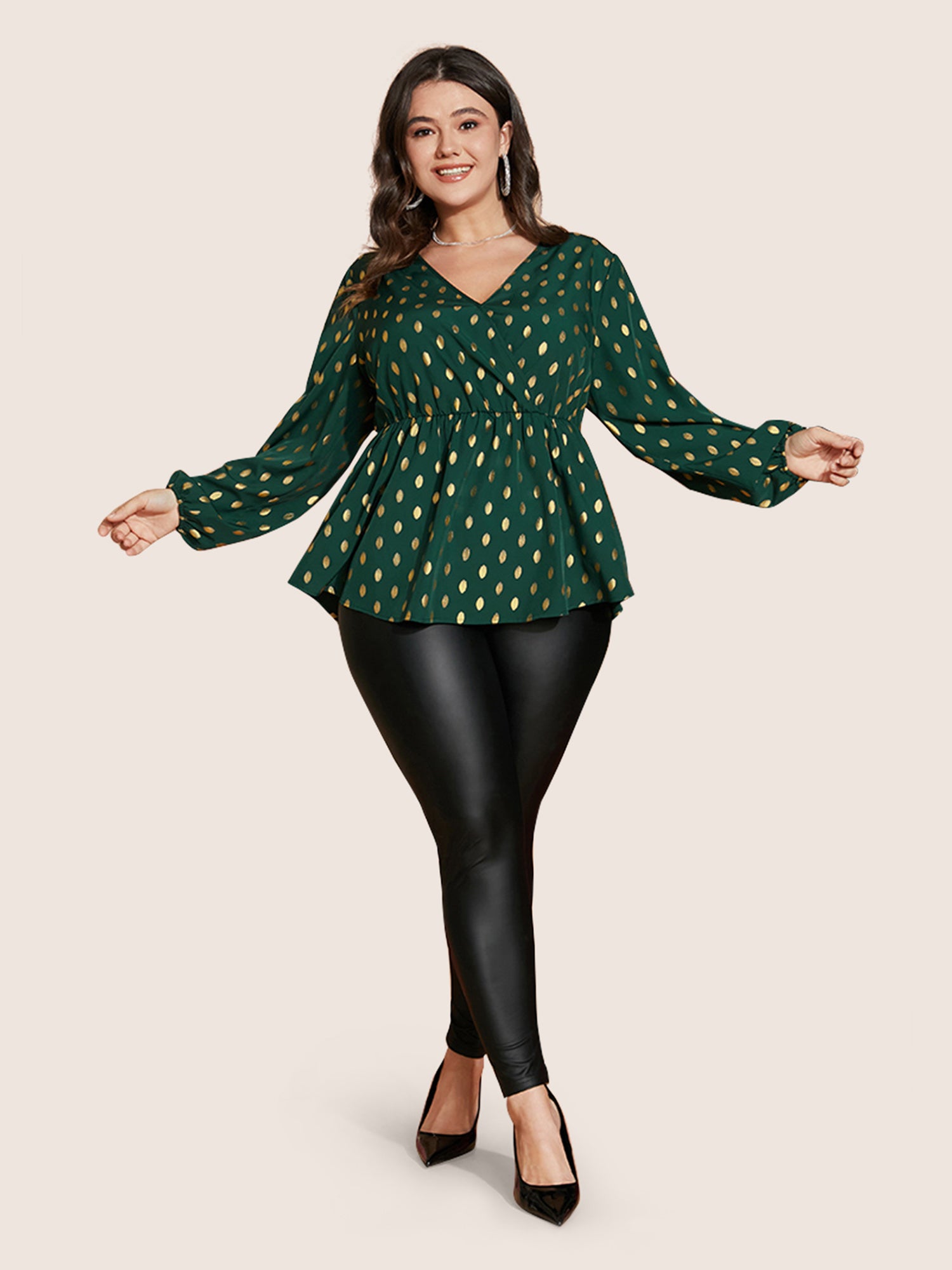 Polka Dot Lantern Sleeve Wrap Ruffle Blouse