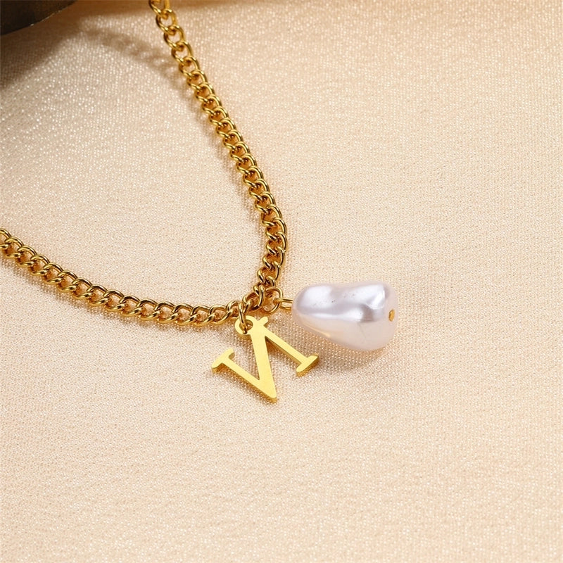 304 Stainless Steel Titanium Steel IG Style Minimalist Pearl Letter Pendant Necklace