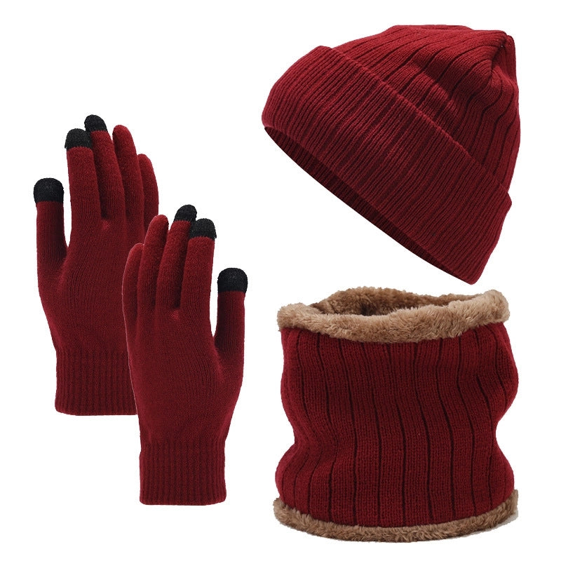 European And American Men's Fleece-lined Knitted Hat Scarf Gloves Three-piece Set Cold-proof Thickened Windproof Riding Warm Suit For Women
