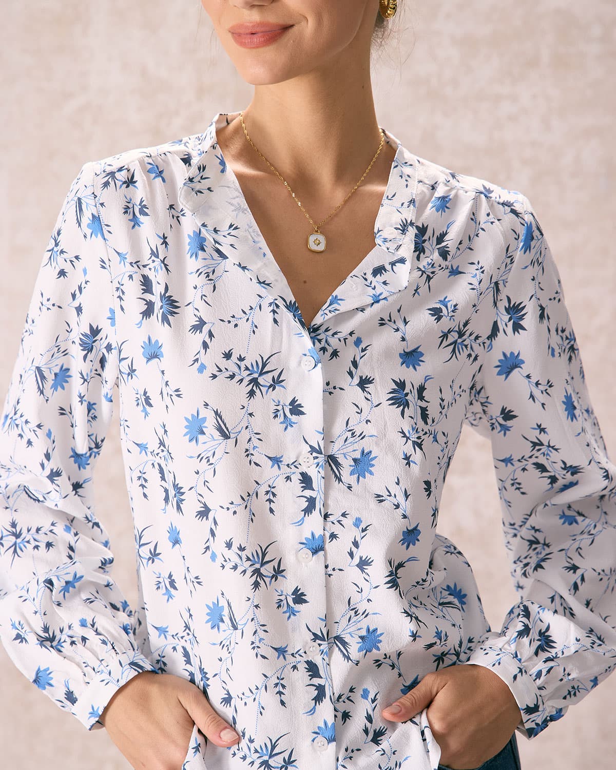 The White Mock Neck Leaf Print Button Shirt