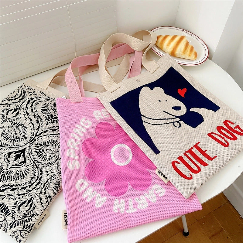 Women's Medium Knit Cartoon Flower Cute Square Lock Clasp Underarm Bag