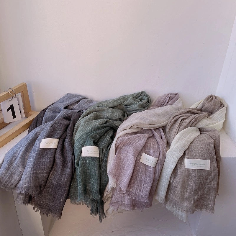 Elegant Contrast Color Artistic Scarf Women's Mori Cotton Linen Spring And Summer Thin Long Gradient Silk Scarf Neck Protecting Shawl Women