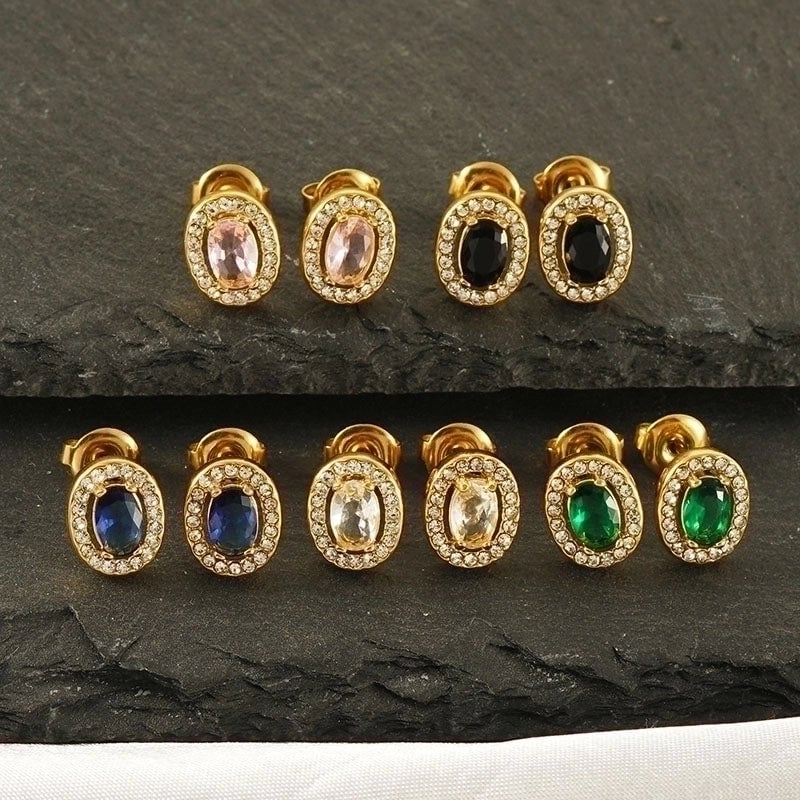 1 Pair Shiny Oval Inlay Stainless Steel Zircon 18K Gold Plated Ear Studs