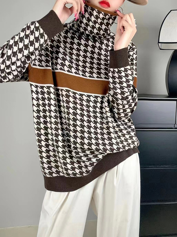 Long Sleeves Loose Contrast Color Houndstooth Split-Joint High Neck Pullovers Sweater Tops