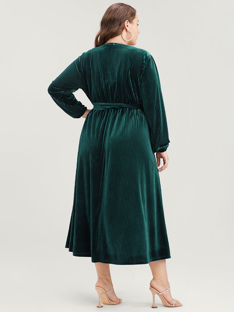 Striped Velvet Pocket Lantern Sleeve Belted Wrap Dress
