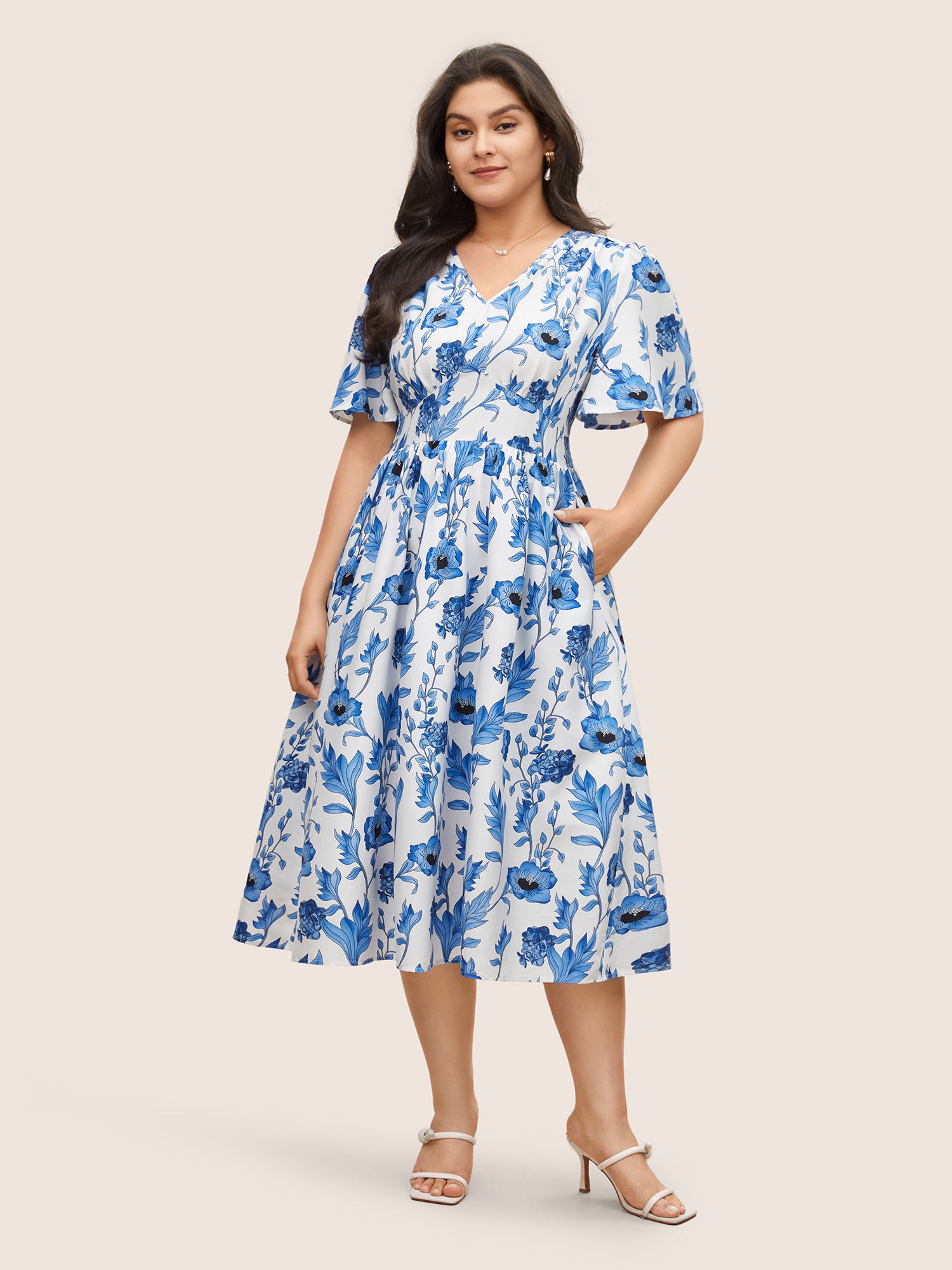 Floral Pocket Shirred Elastic Waist Dress