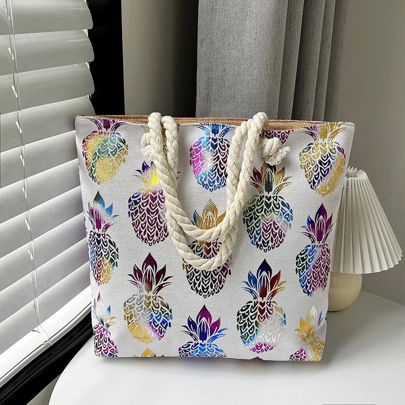 Women's Large Canvas Leaves Polka Dots Flamingo Streetwear Sewing Thread Square Zipper Tote Bag