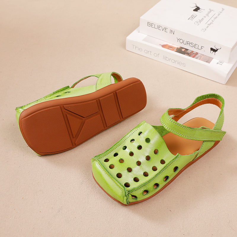 Square Toe Hollow-Out Leather Slingback Flat Sandals for Summer in Green/Black