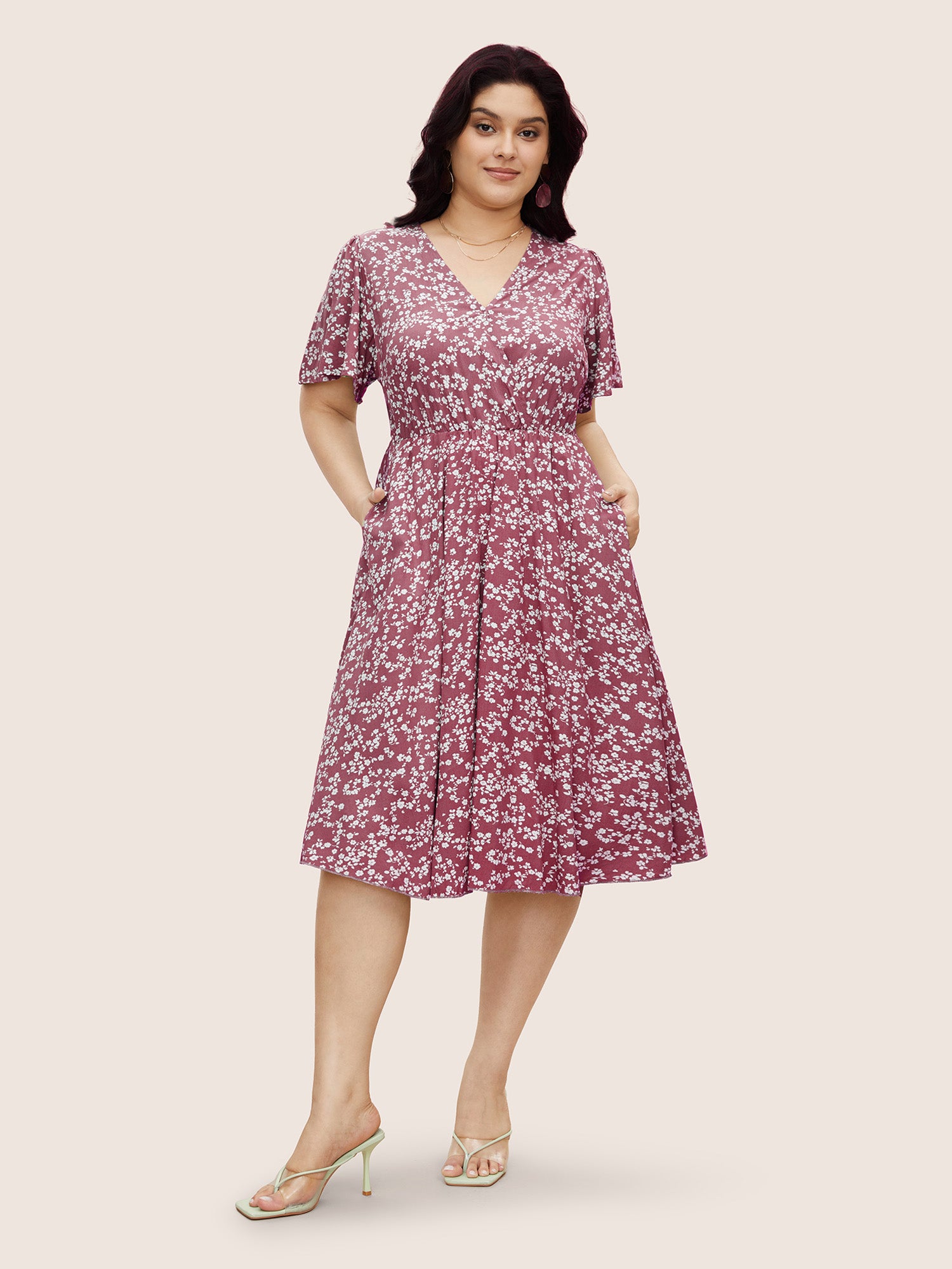 Bloom Dress - Ditsy Floral Elastic Waist Ruffles Pocket Knee Dress