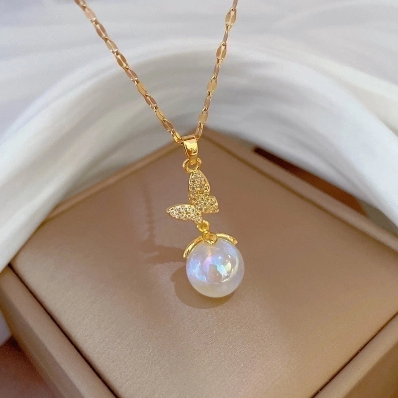 Minimalist Butterfly Titanium Steel Copper Plating Inlay Zircon Pendant Necklace