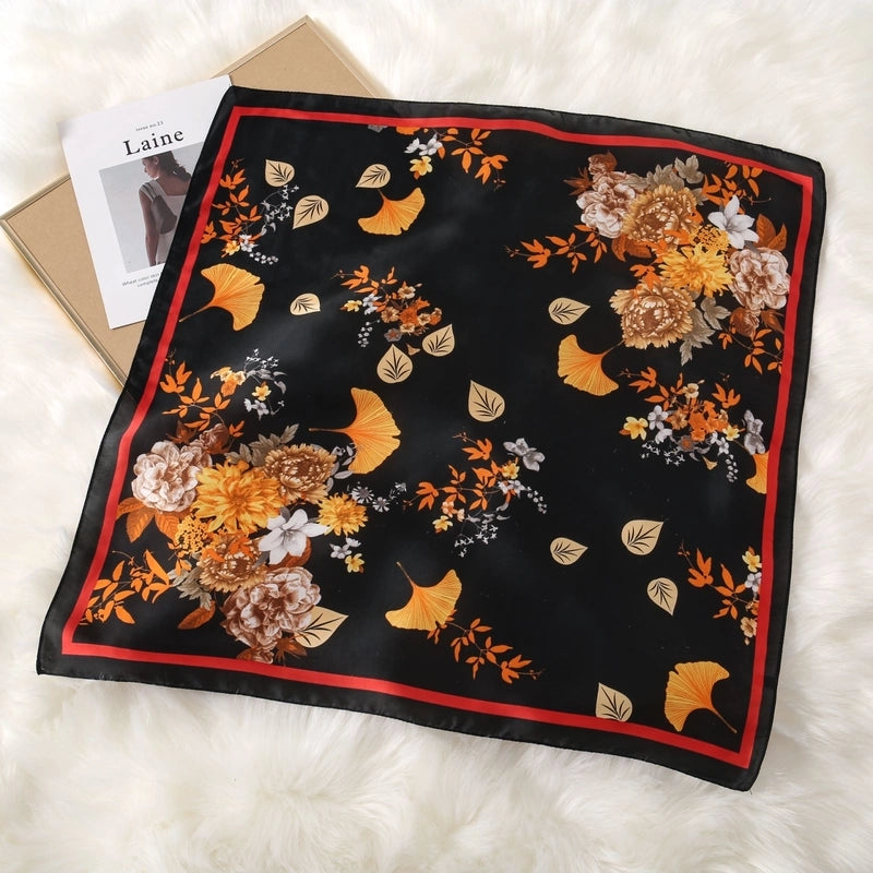 Women's Elegant Color Block Flower Satin Silk Scarf Kerchief