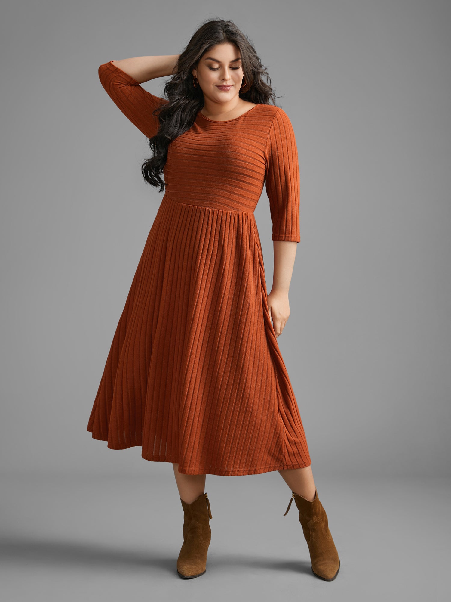 Plain Rib Knit Pocket Midi Dress