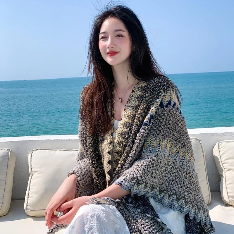 Travel Outside Knitted Shawl Ethnic Style Vintage Cape Cloak Tassel Scarf For Vacation Wear
