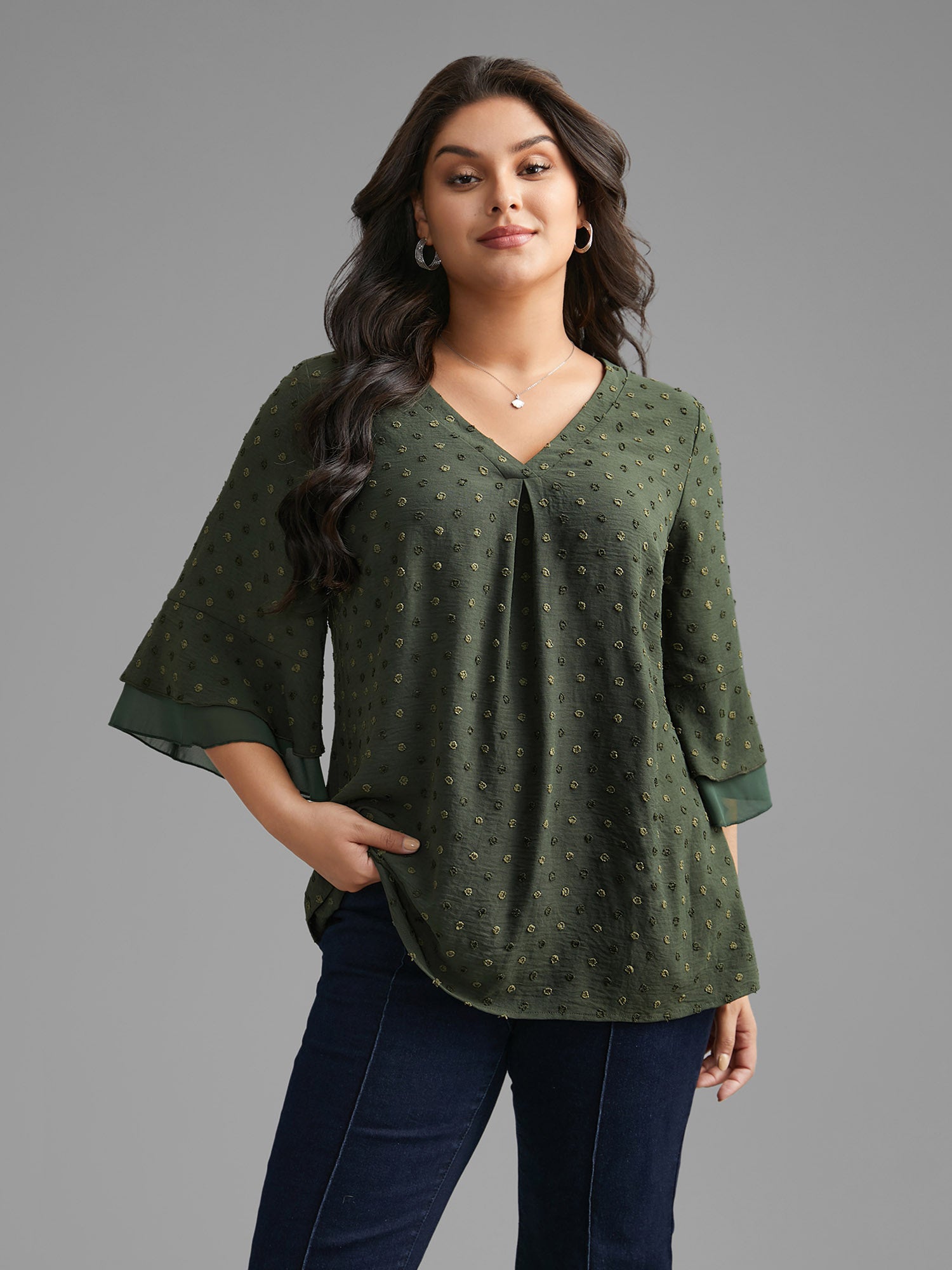 Textured Pleated Tiered Ruffle Sleeve Blouse