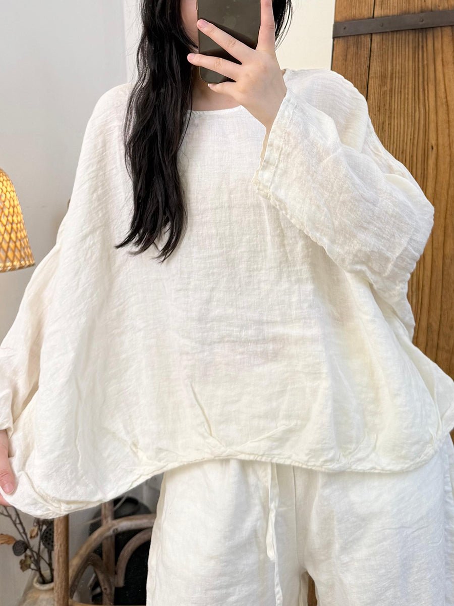 Women Summer Casual Pure Color O-Neck Linen Shirt