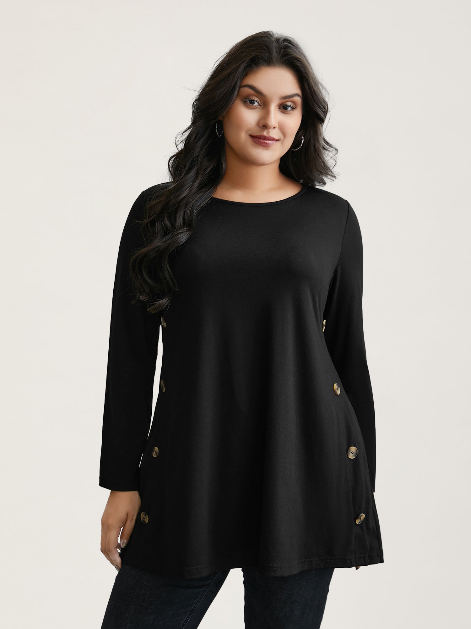 Round Neck Button Slim-Fit Knit Top