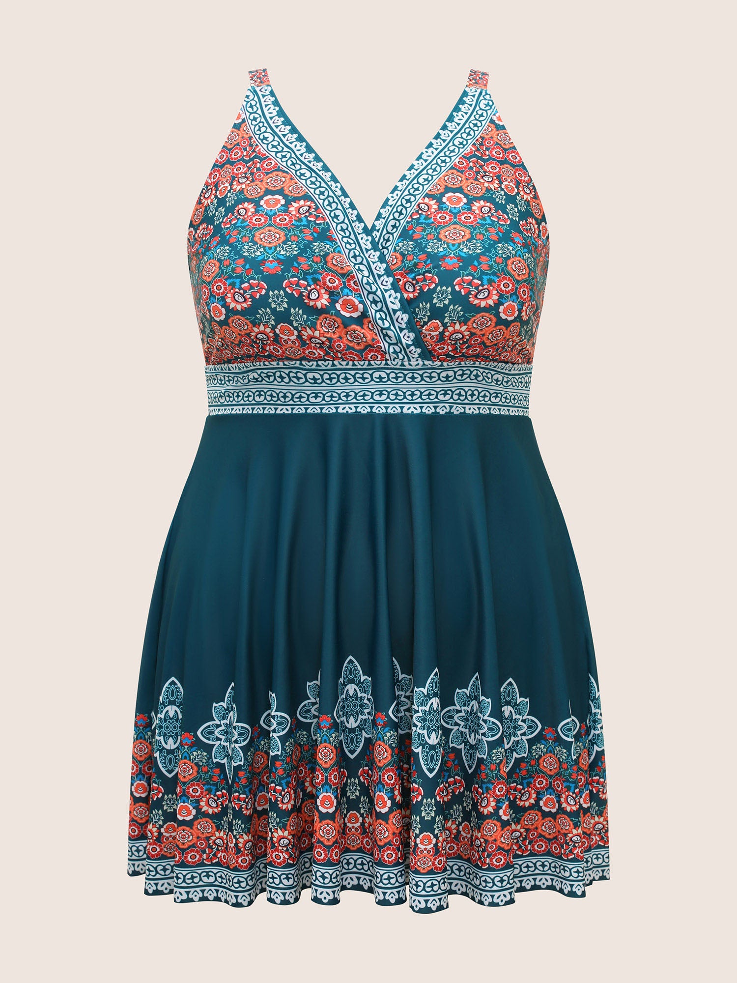 Boho Print Gathered Overlap Collar Swim Dress