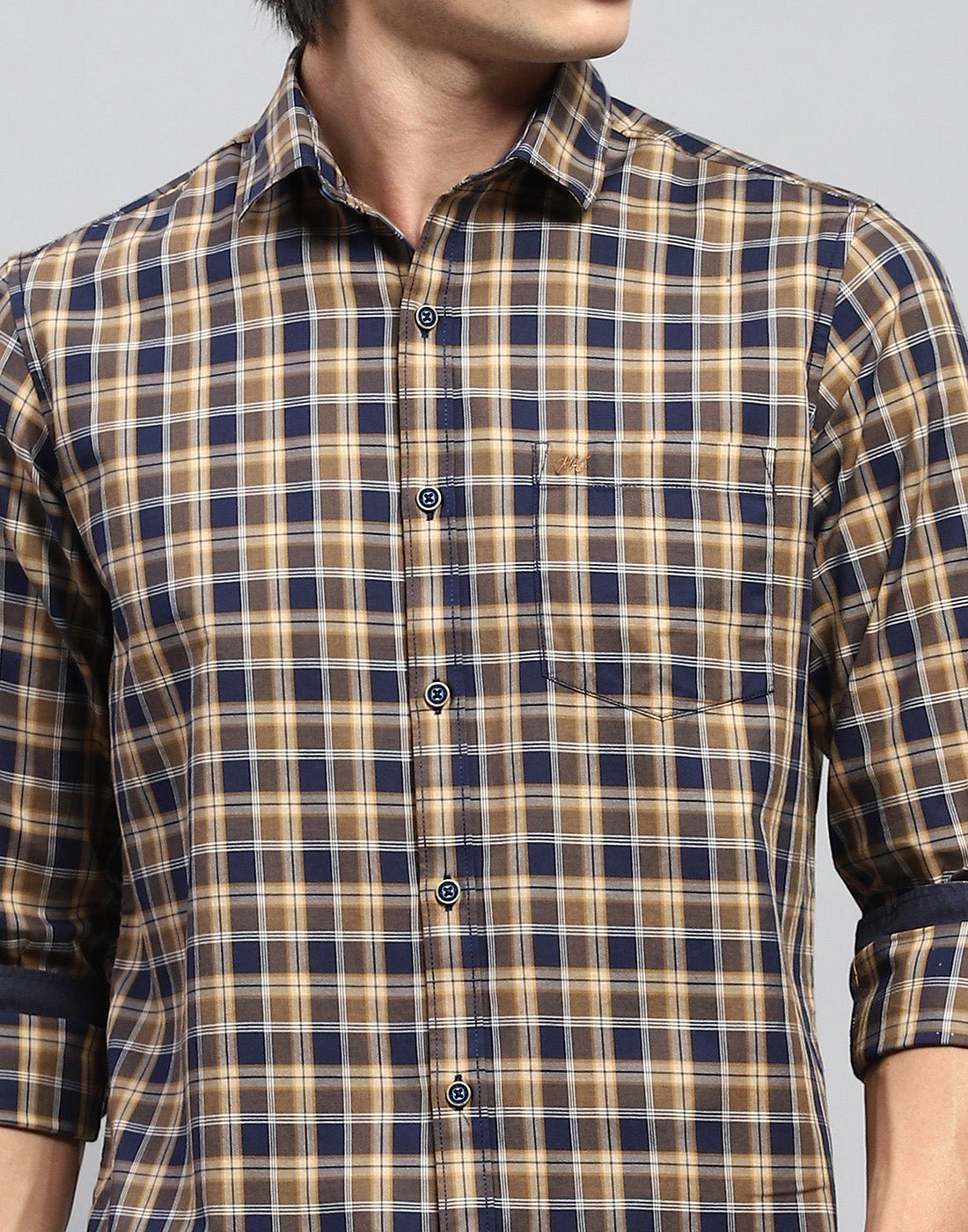 Men Brown Check Collar Full Sleeve Shirt