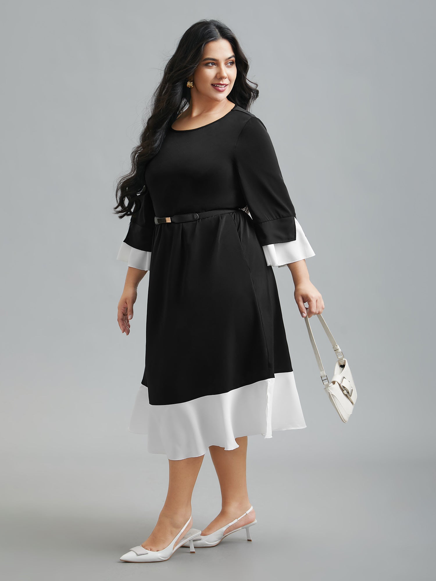 Color Contrast Tiered Skirt Pocket Midi Dress