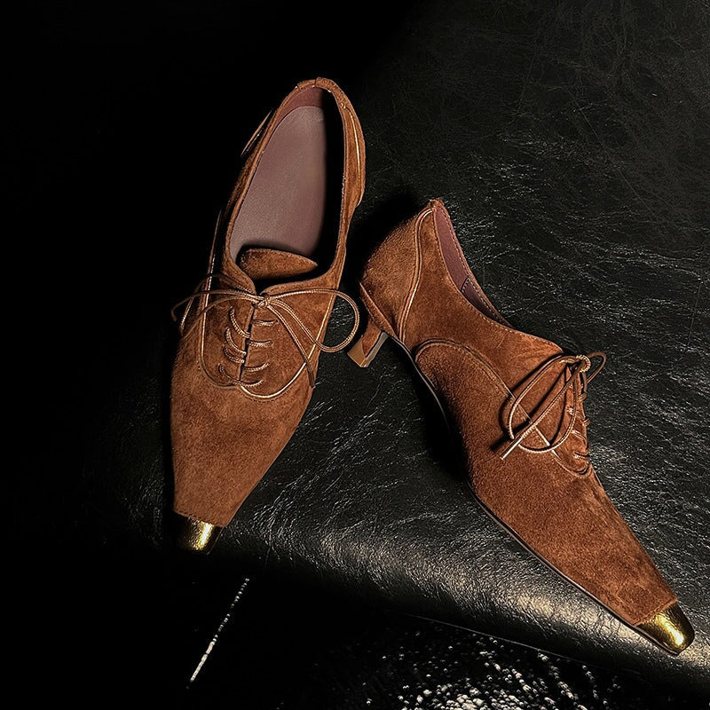 Women's Gold Pointed-Toe Lace-Up Suede Kitten Heel Dress Shoes in Brown/Black