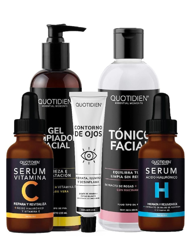 Kit Facial Limpiador + Tónico + Serum Vitamina C + Suero Acido Hialuronico + Gel Contorno de Ojos Quotidien Skin Care