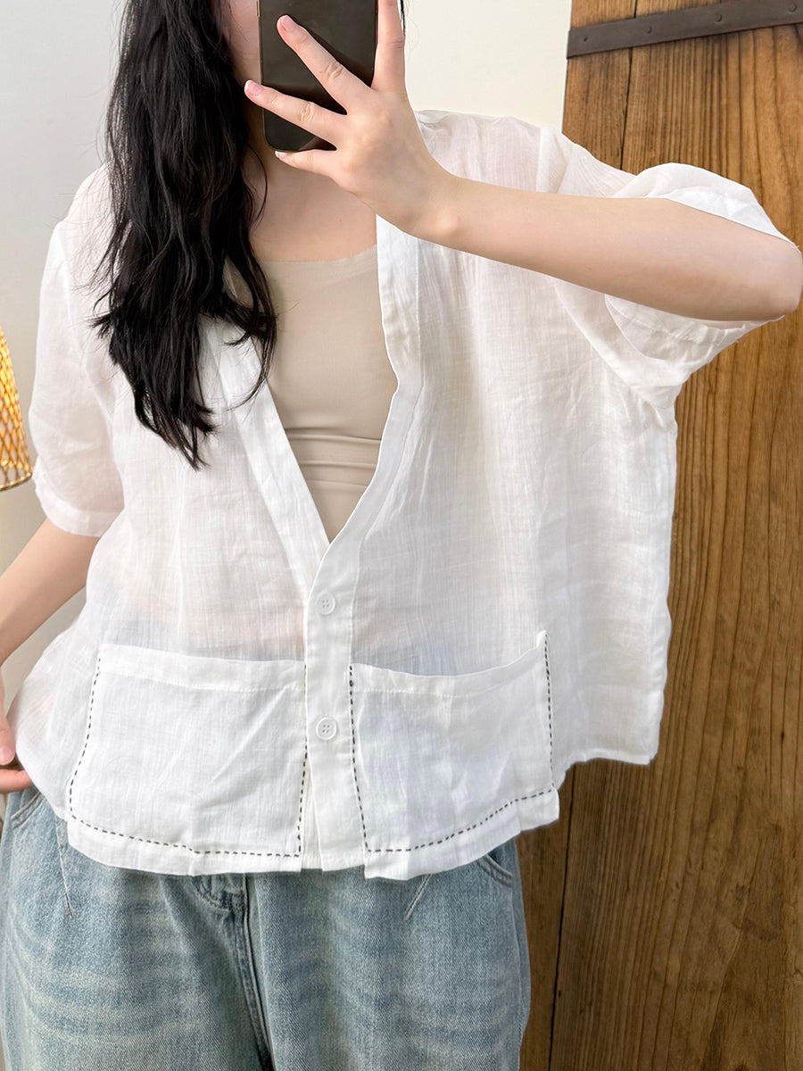 Women Summer Casual Pure Color V-Neck Ramie Shirt