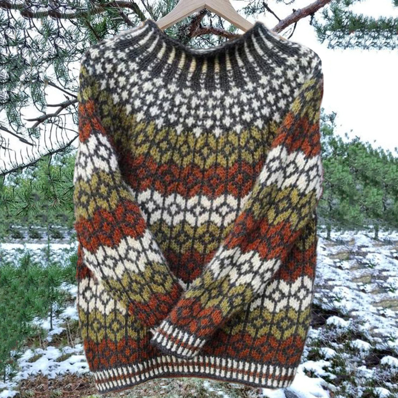 Unisex Vintage Icelandic Contrast Colors Knit Jacquard Warmth Crew Neck Sweater