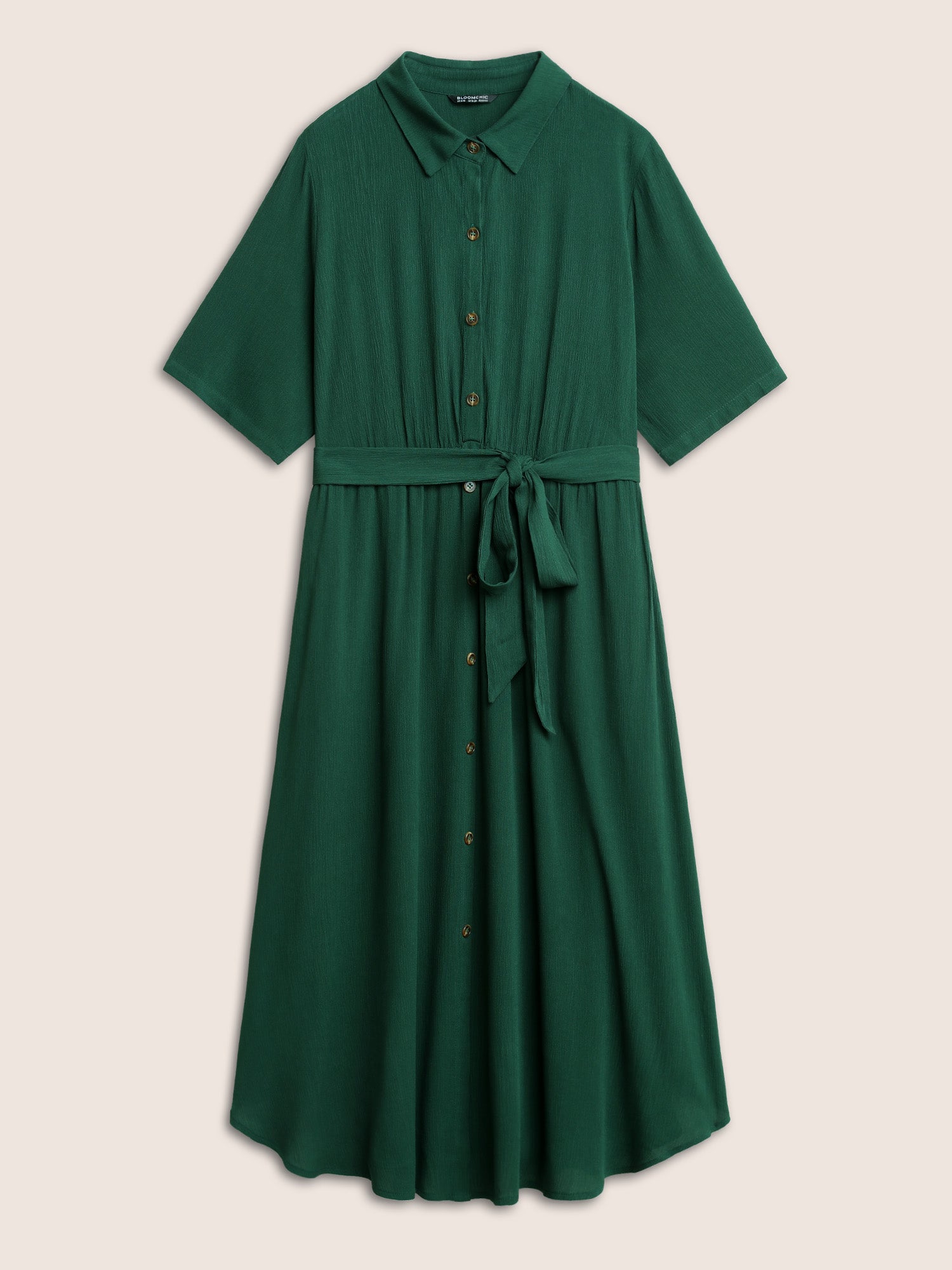 Solid Button Pocket Shirt Collar Belted Maxi Dress