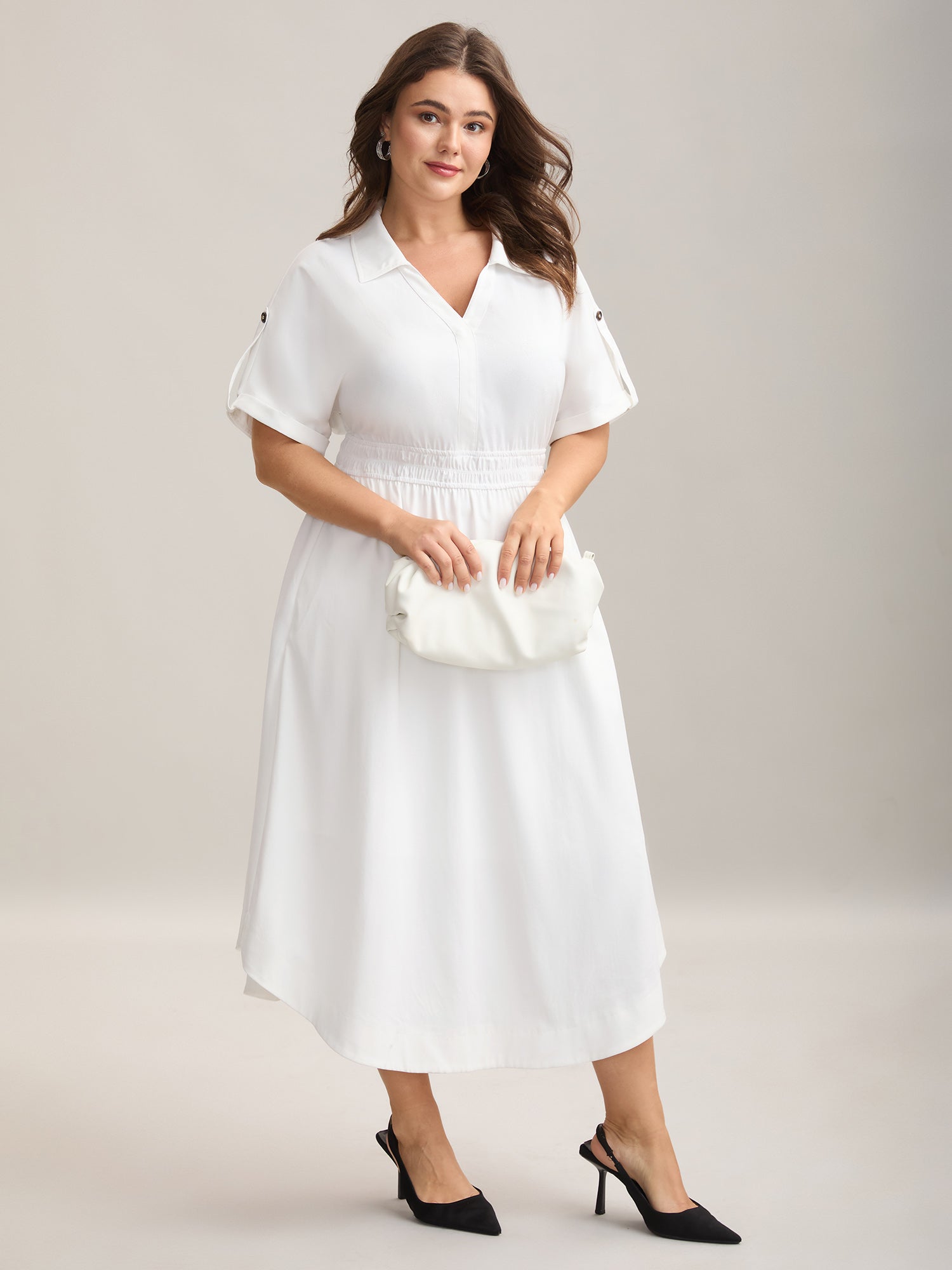 Woven Shirred Waist Solid Collar Midi Dress