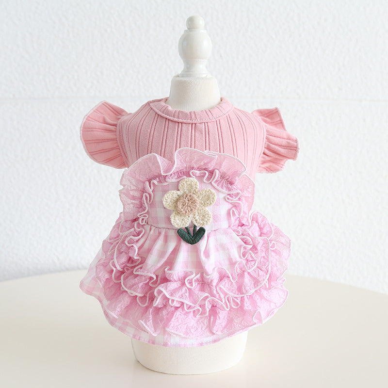 Sweet Flower Plaid Lace Dog Cat Dress
