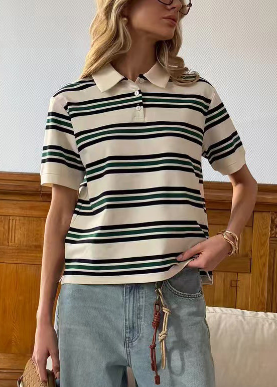Beige Striped Button Cotton Summer T Shirt Peter Pan Collar