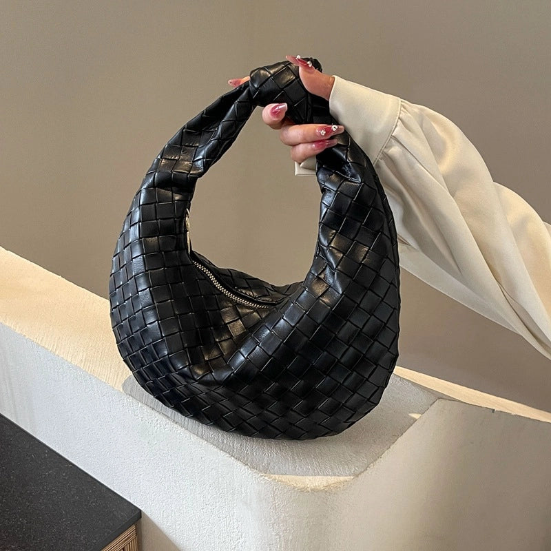Women's PU Solid Color Classic Style Streetwear Weave Dumpling Shape Zipper Handbag